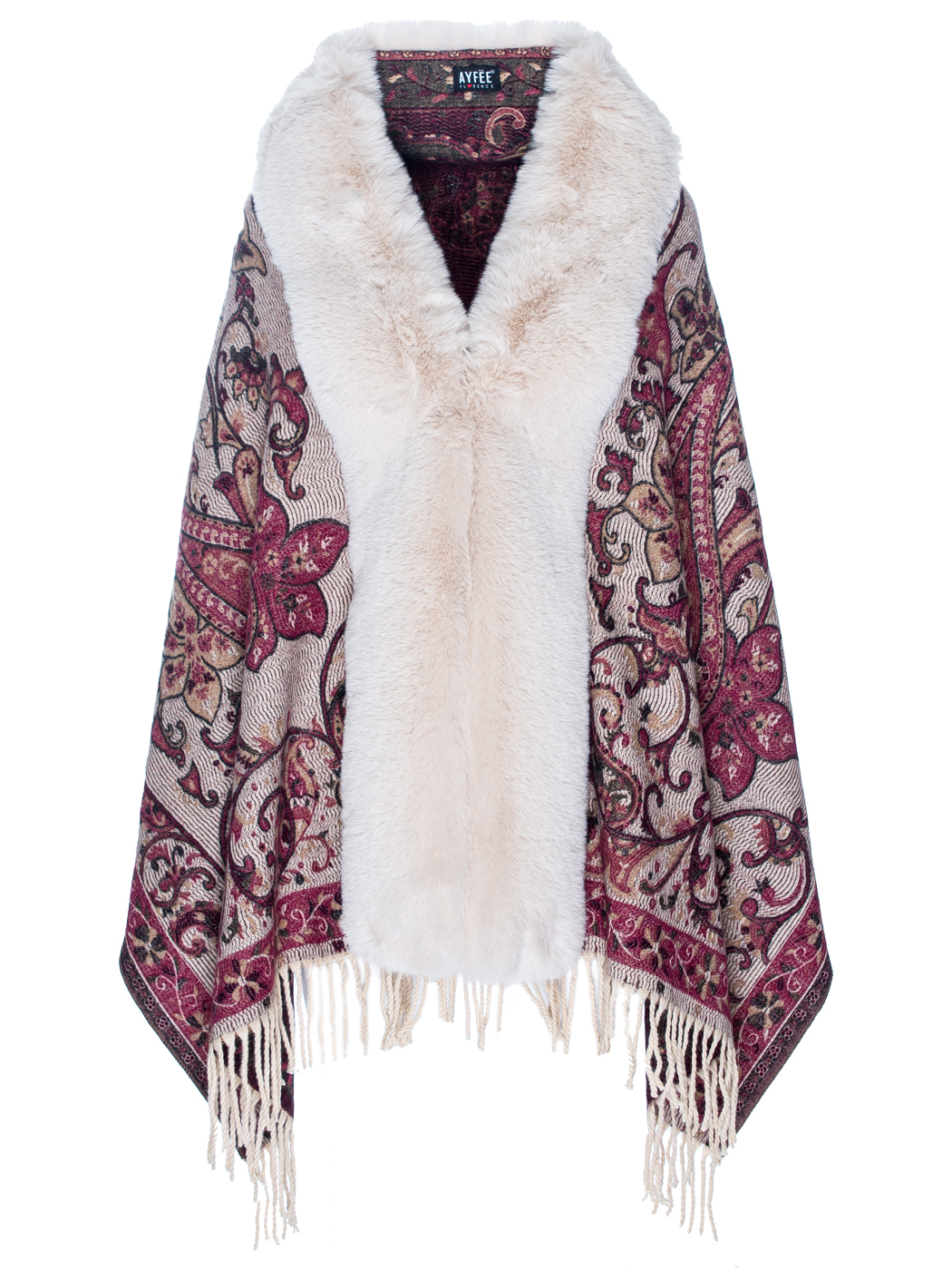 MANTELLA CASHEMERE JACQUARD CON FRANGE E FAKE FUR, TG UNICA - IVORY